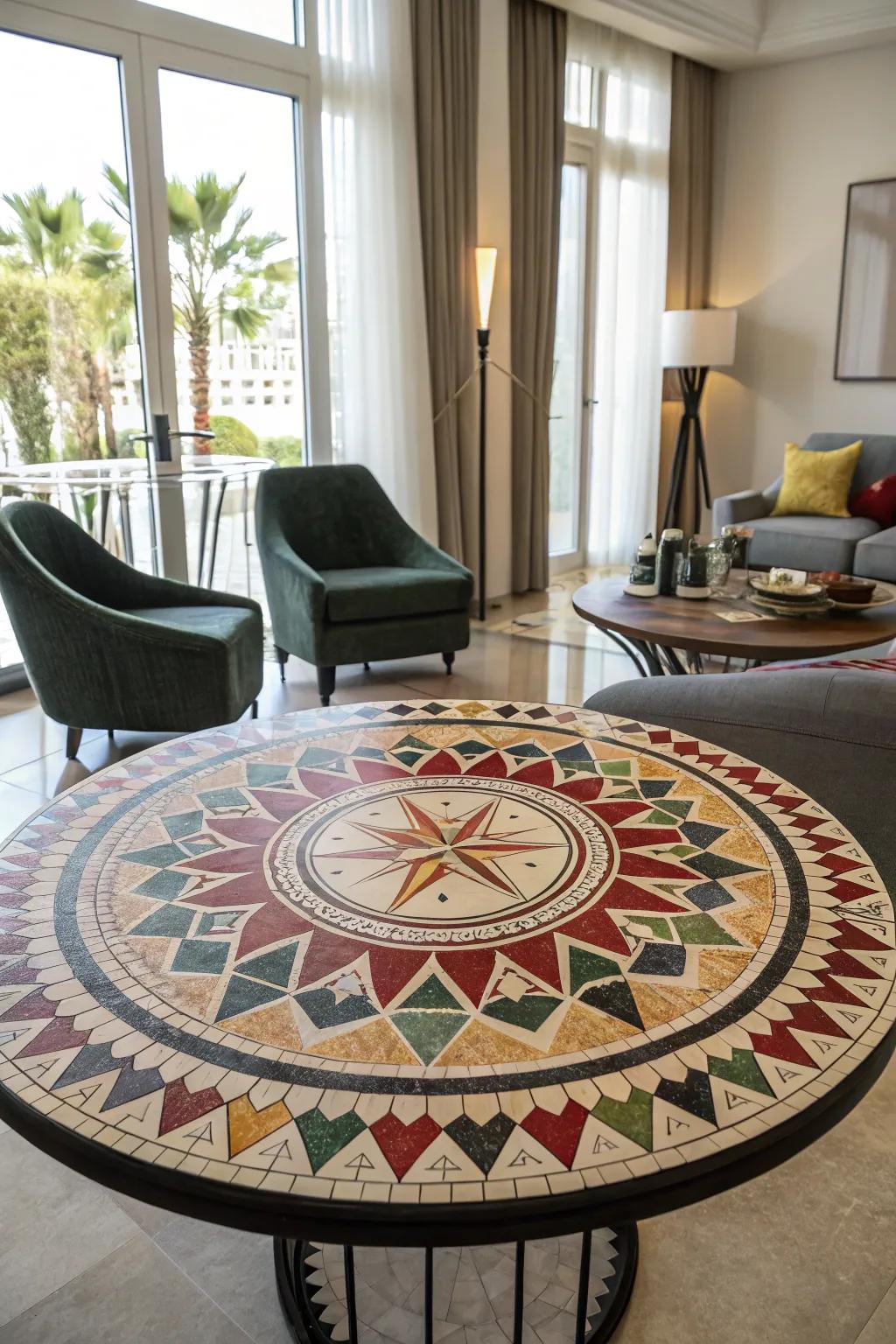 A circular mosaic table showcasing bold geometric designs enhances any space with a modern touch.