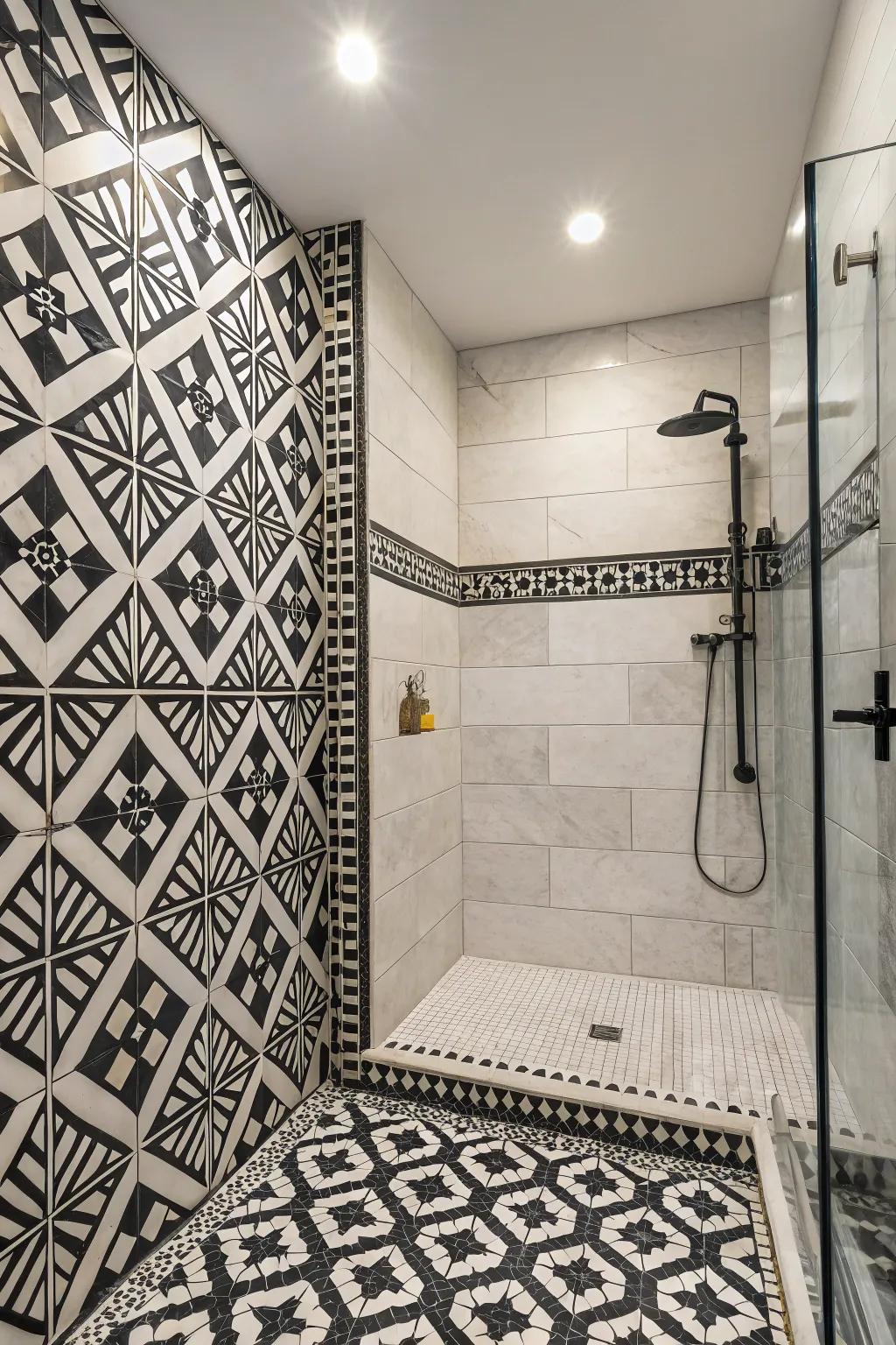 Create visual interest with bold geometric patterns in your bathroom setting.