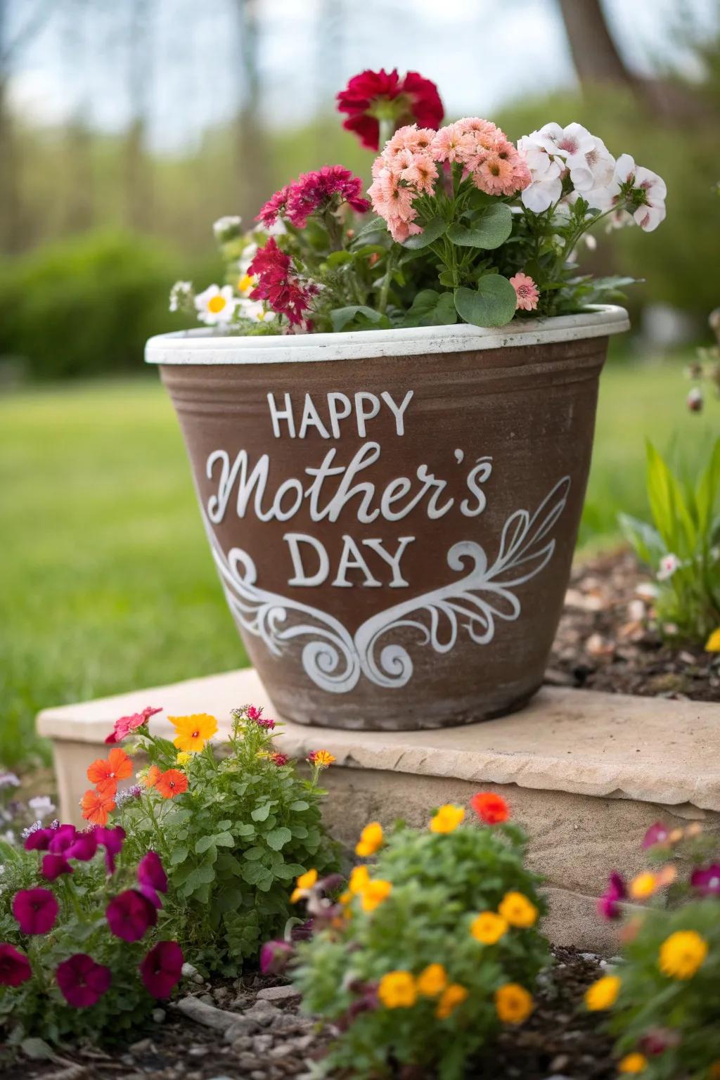 A flower pot bearing a personalized and affectionate message.