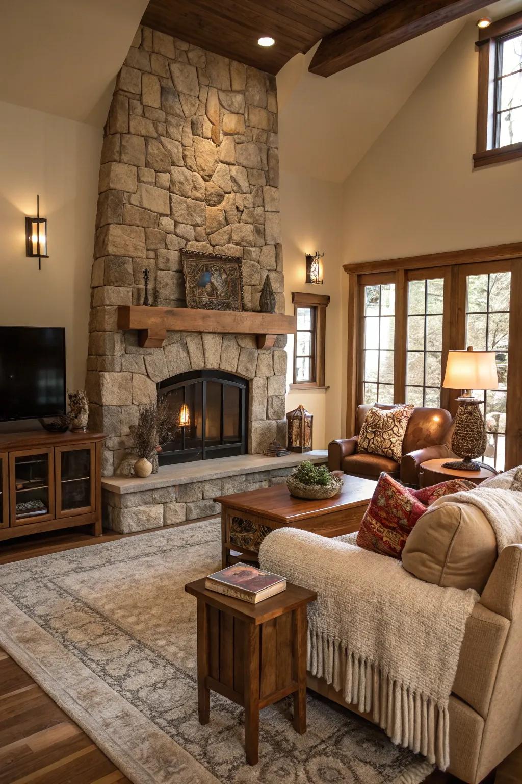 An inviting living area that highlights a stunning stone fireplace as its main feature.