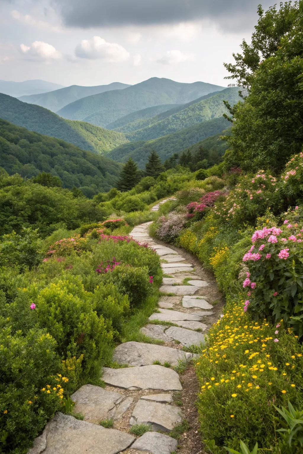 A winding stone pathway that meanders through a vibrant mountain garden.
