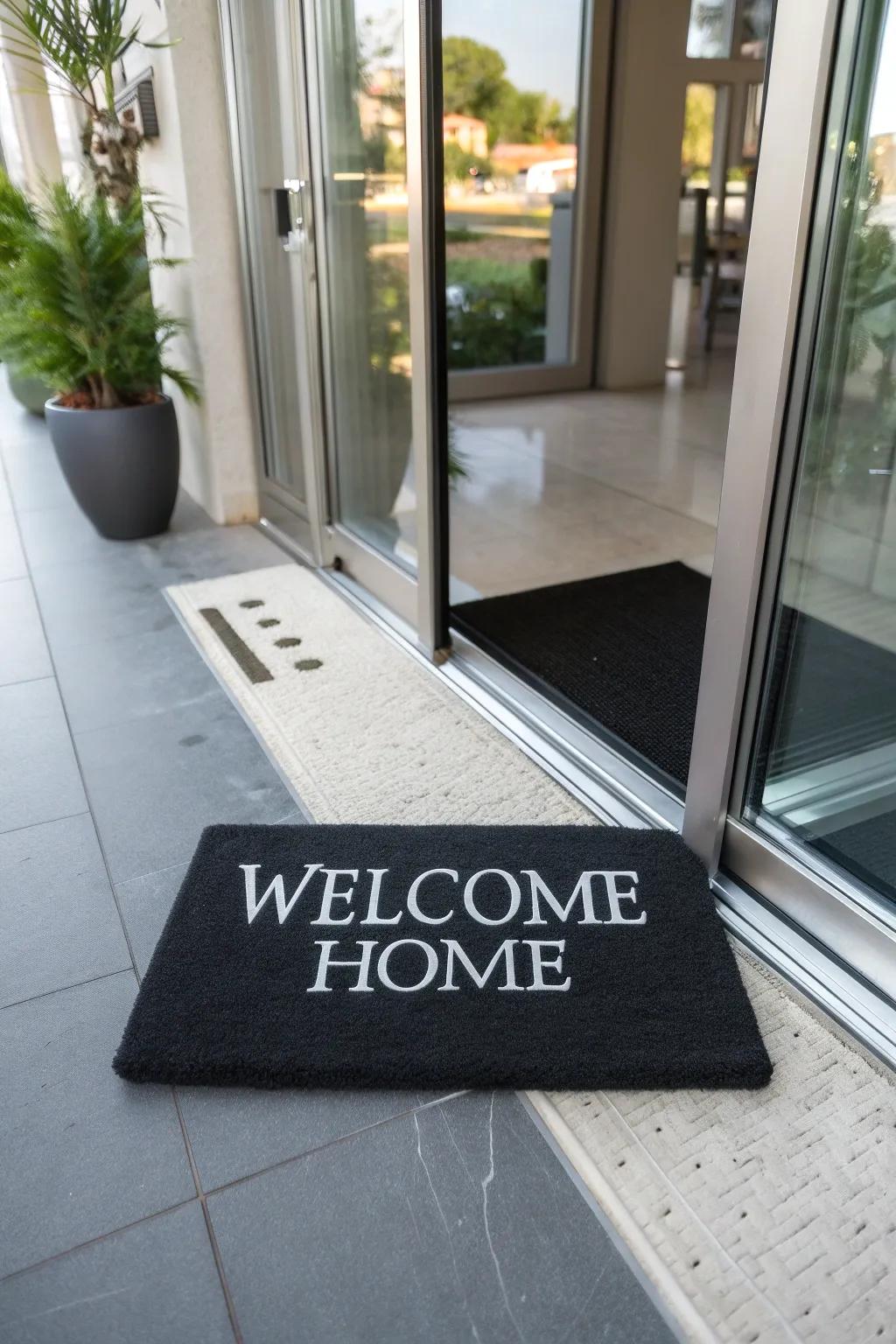 A personalized entry rug adding unique character to any home's entrance.