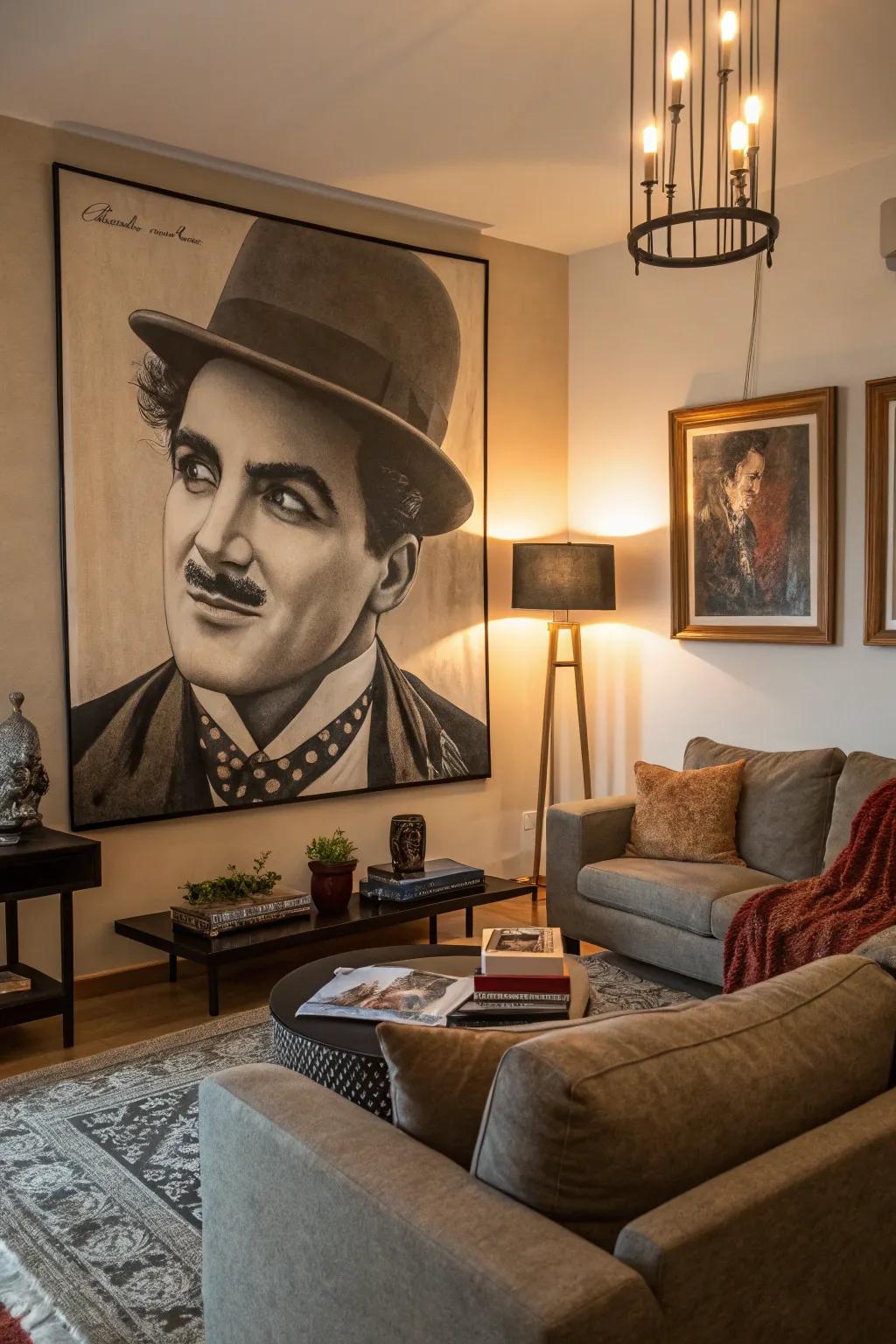 A living room showcasing a large stylized portrait of a classic film character.