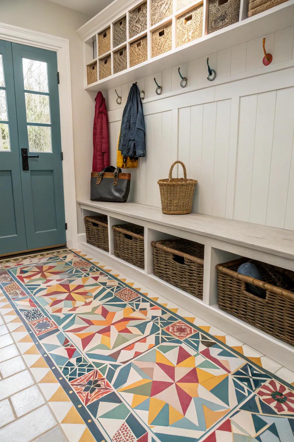 Geometric tiles giving a dynamic appearance to a mudroom