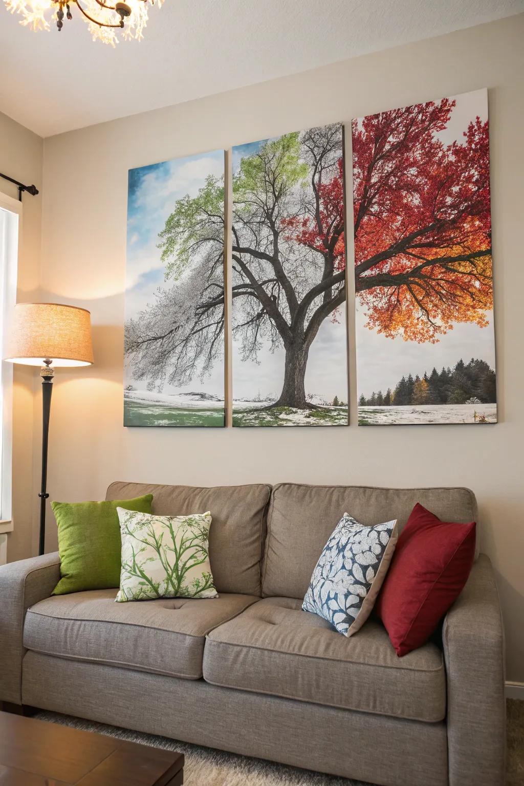 A multi-canvas piece capturing a tree's seasonal beauty, adding a natural touch to the room.