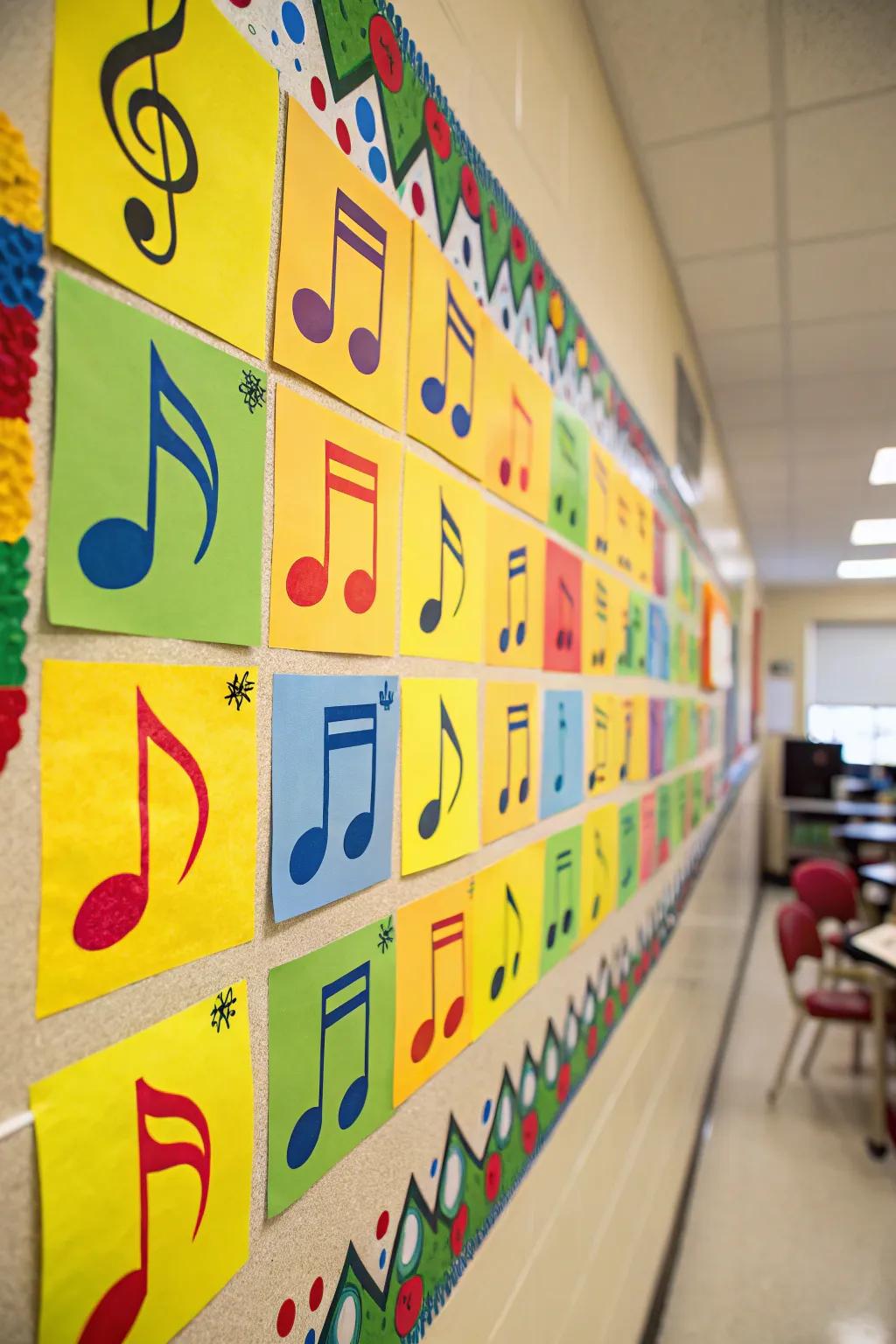 A stunning arrangement of colorful music symbols on a display board.