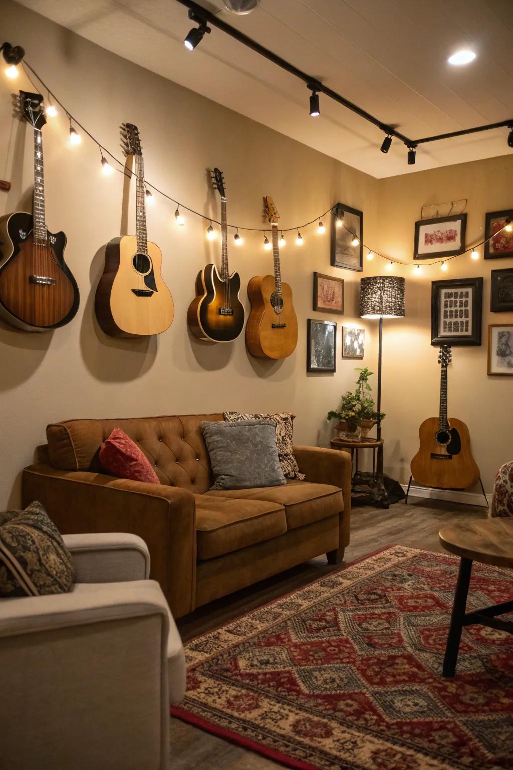 Guitars become eye-catching decor in this inspiring music room.