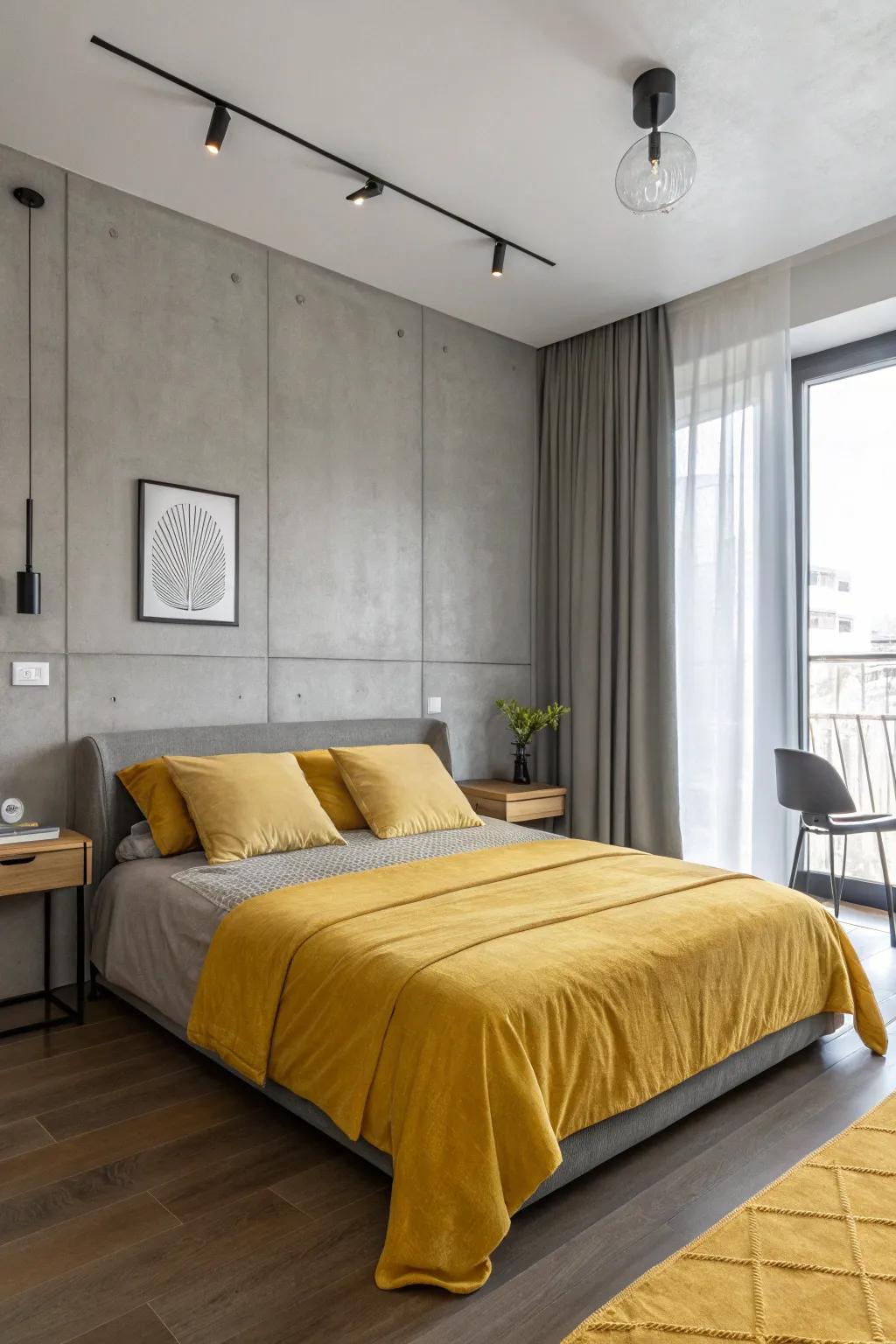 A modern bedroom displaying the stylish contrast between goldenrod and gray.