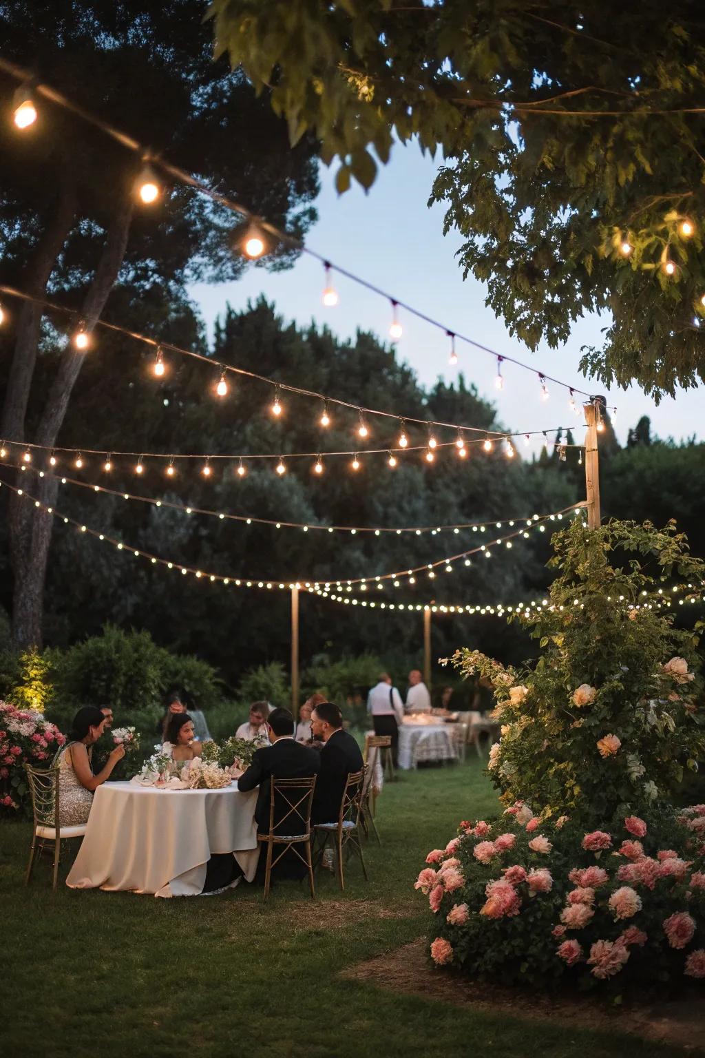 Twinkle lights create a magical ambiance over a garden wedding reception.