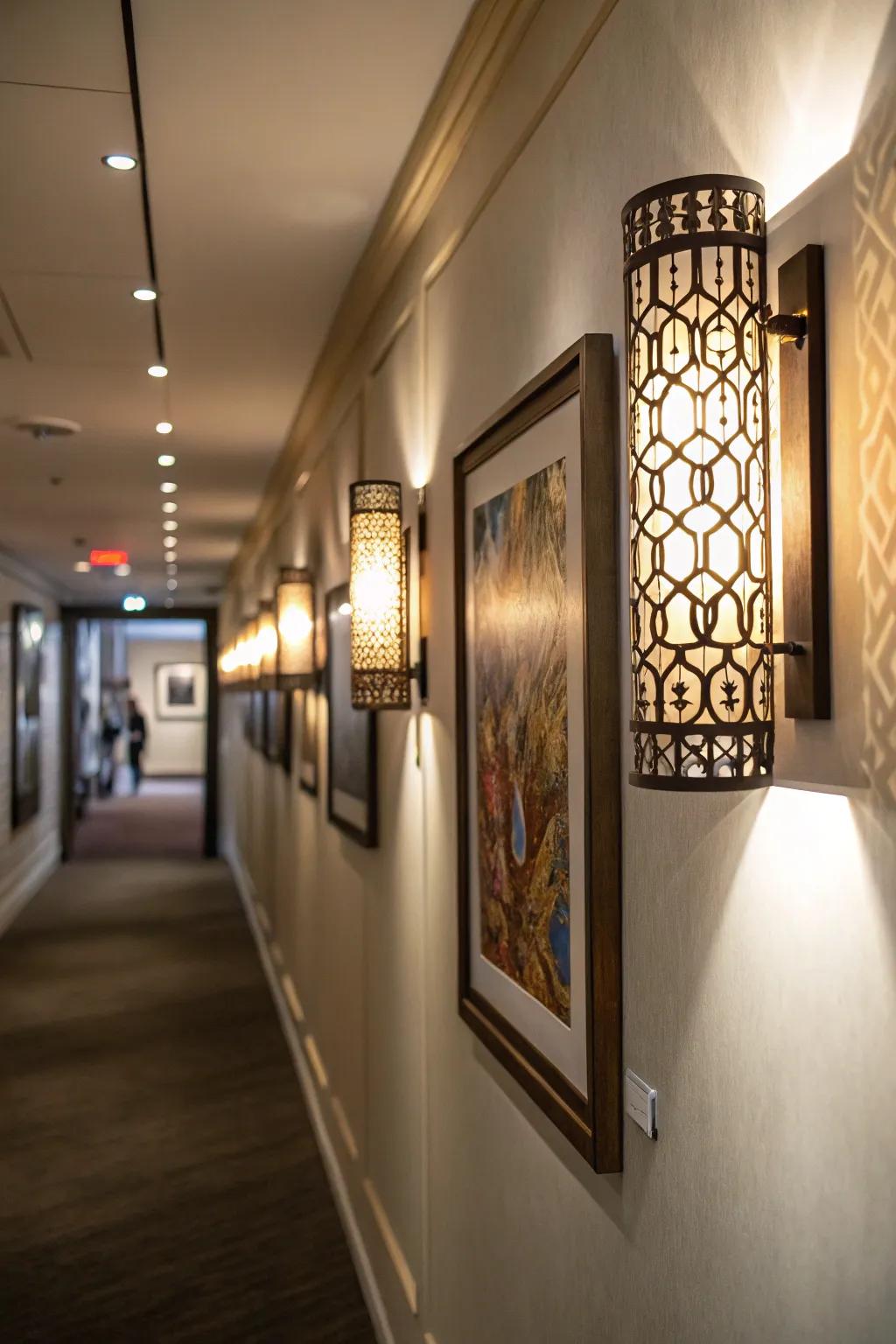 Wall fixtures incorporate both aesthetic appeal and utility to compact hallways.