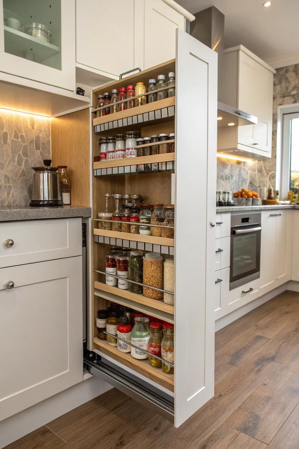 A slim slide-out cabinet displaying well-organized spices and kitchen essentials.