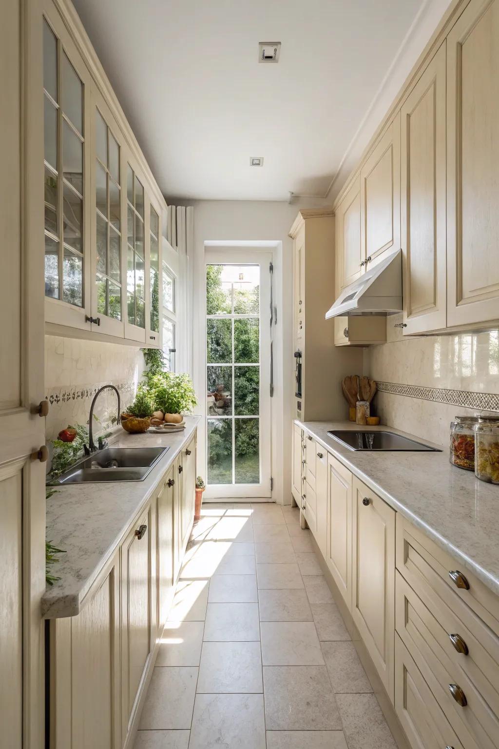 Employing light shades to give the illusion of more space in a small kitchen.