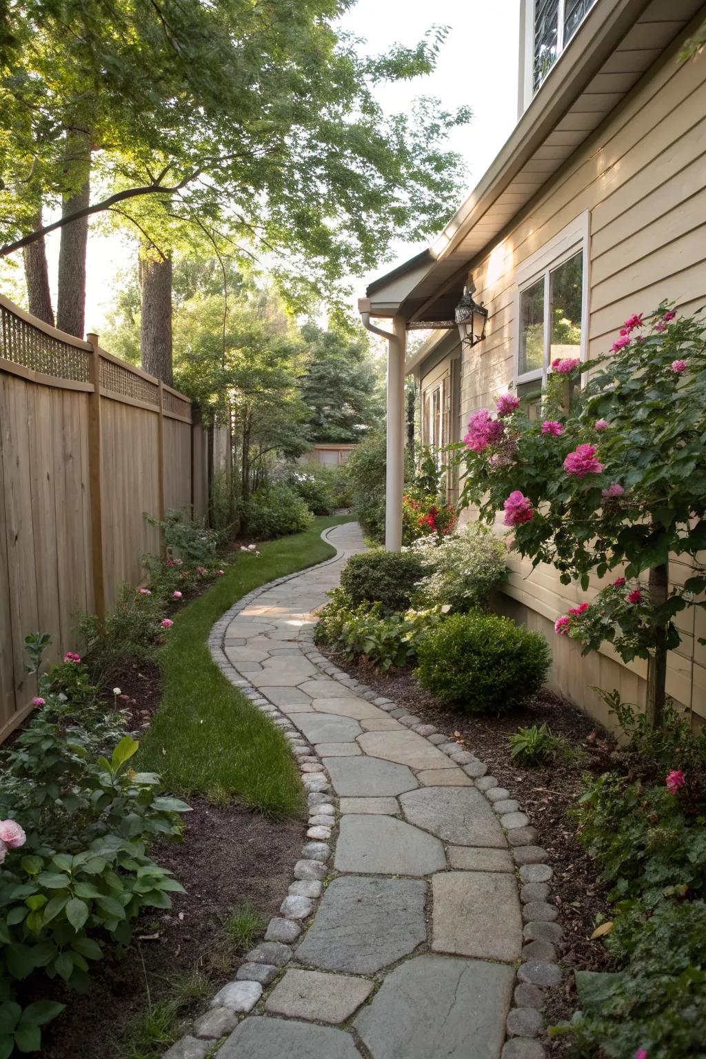 A winding path gives sophistication and visual appeal to a slender side yard.