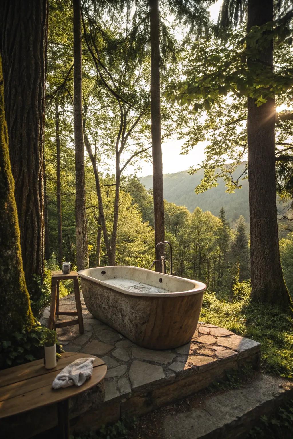 Experience serenity in a woodland retreat featuring a natural outdoor bathtub.