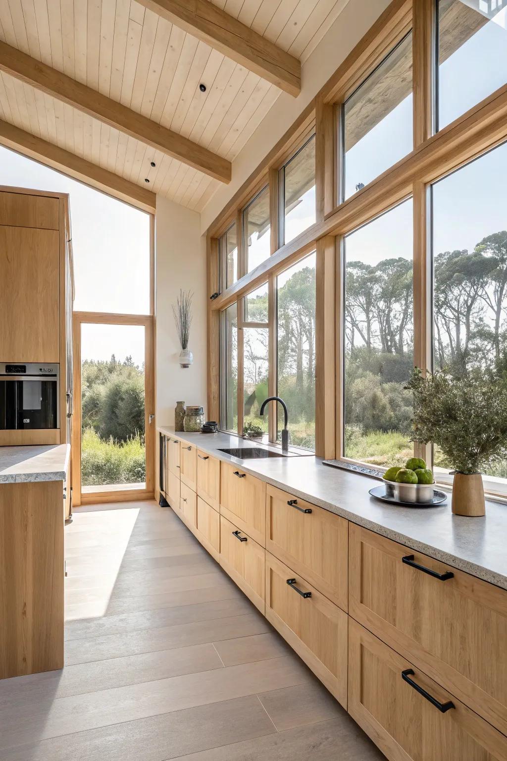 Pale timber cabinets evoke an inviting and revitalizing atmosphere.