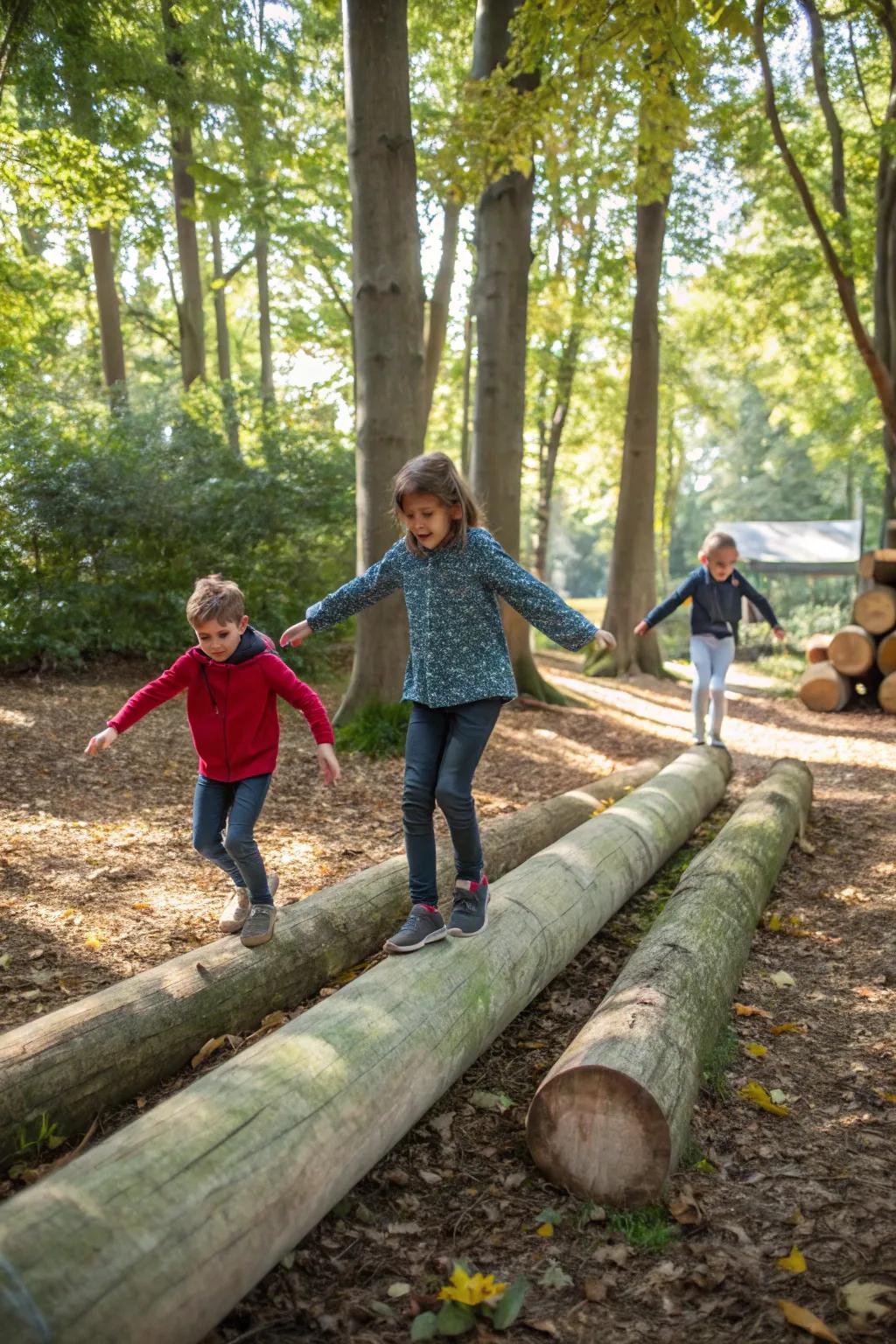 Logs as balance beams provide hours of amusement.