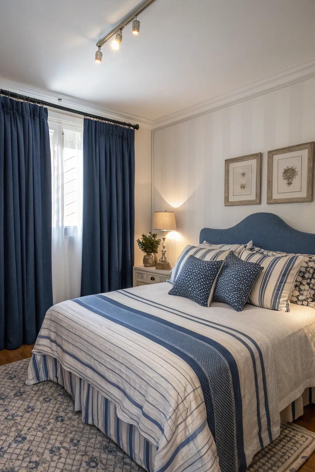 A timeless nautical color palette of blue and white for a tranquil bedroom atmosphere.