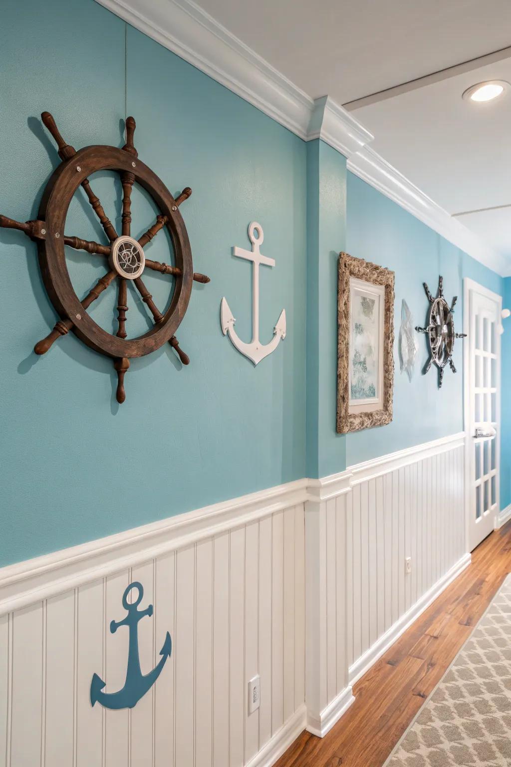 A coastal color scheme of blues and whites sets the stage for a nautical theme.