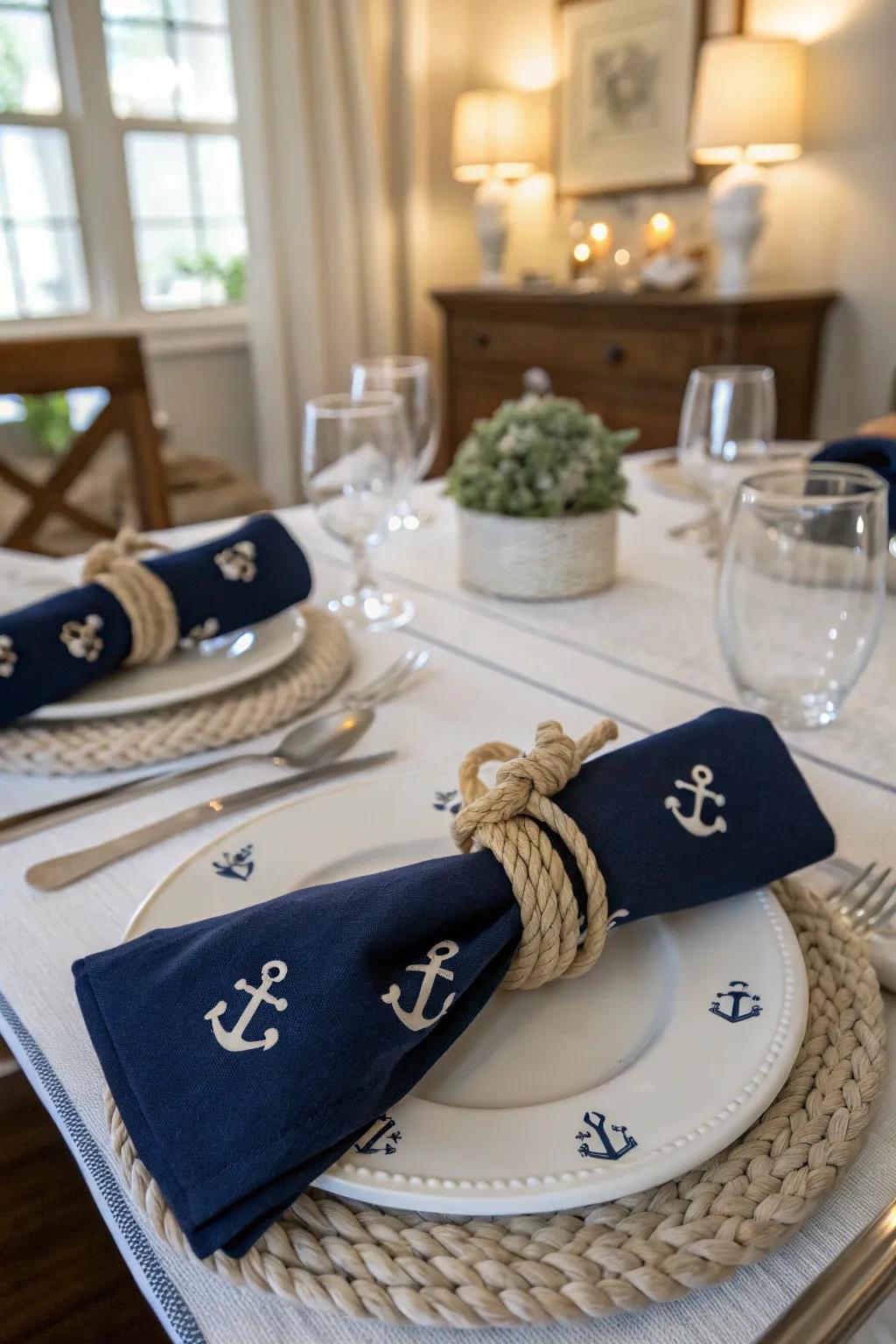 Navy and white create the ideal backdrop for a maritime dining experience.