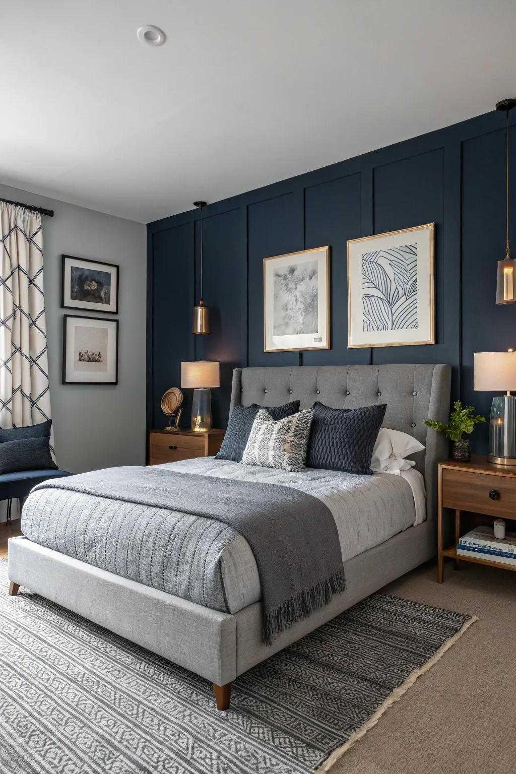 A navy accent wall brings depth and a sense of refined elegance to this inviting bedroom.