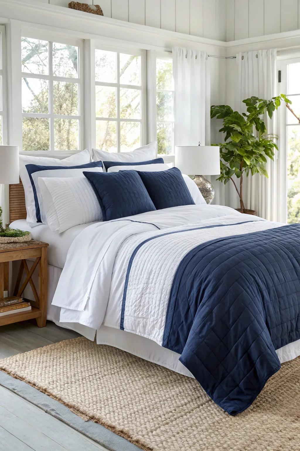 Create a timeless aesthetic by layering dark blue and white bedding.