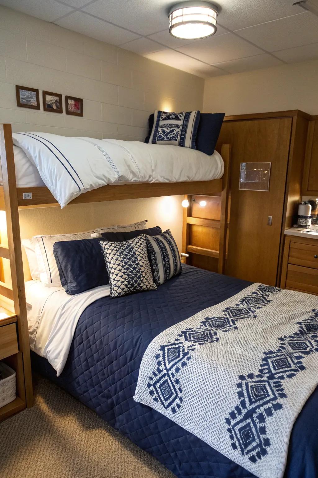 Transform your dorm into a welcoming haven with navy blue bedding as the central element.