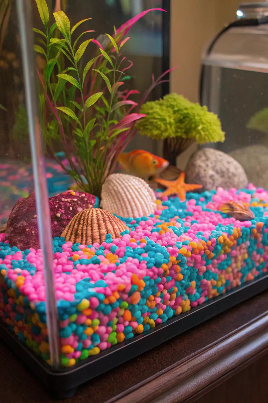 Bright fluorescent substrate forms an energetic foundation in this vibrant tank.