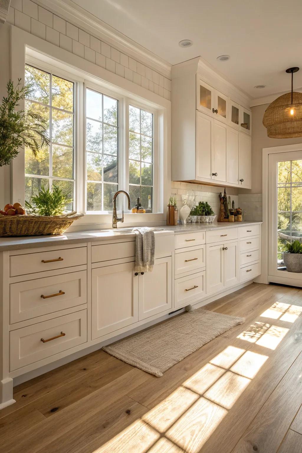 Soft whites provide a clean and soothing kitchen ambience.
