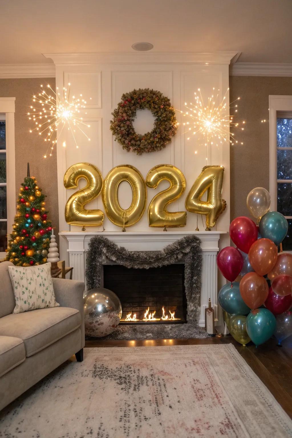 Prominent gold balloon numbers designating the new year, positioned as the centerpiece of a celebratory scene.