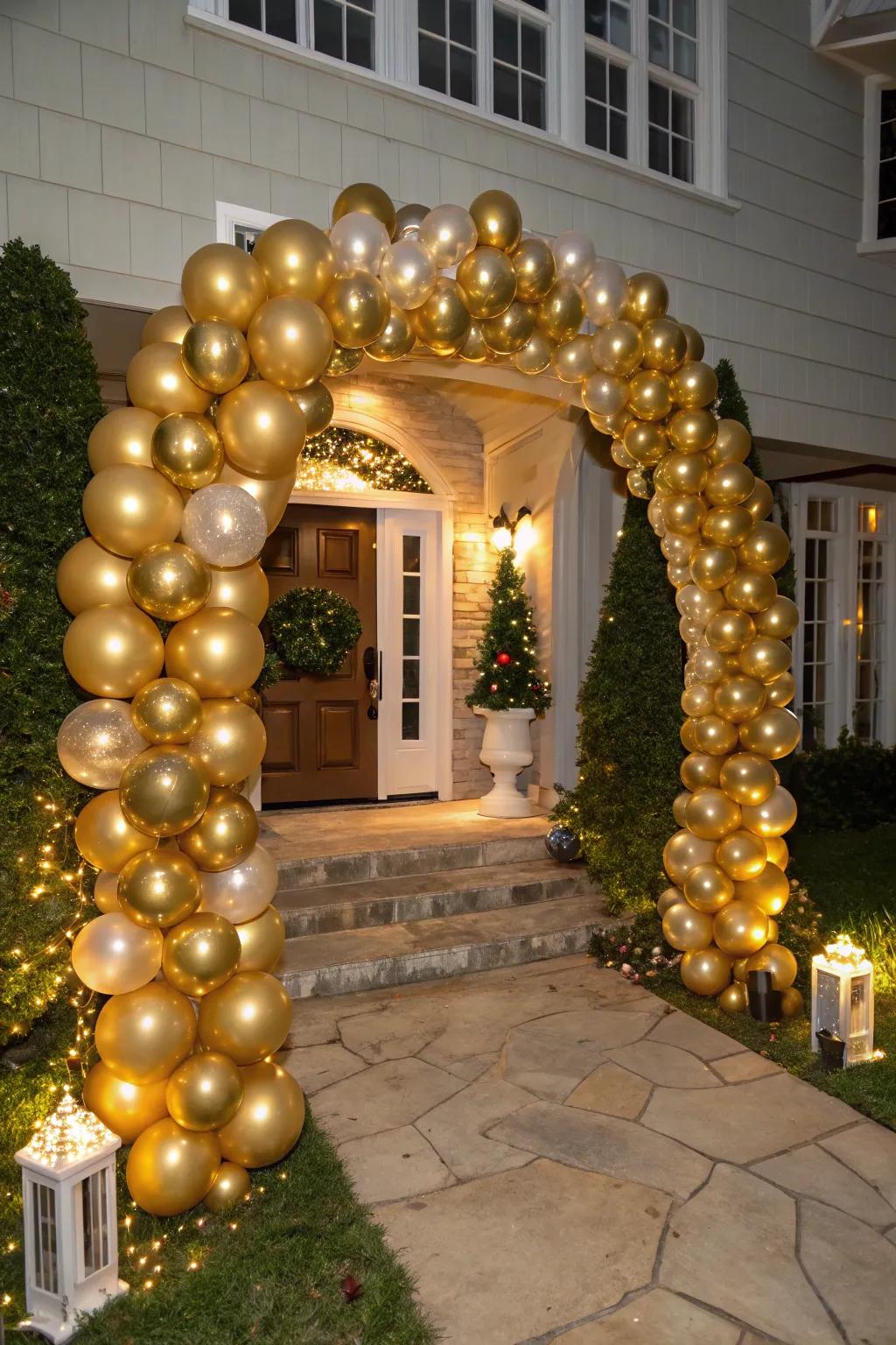 A gleaming balloon arch welcomes invitees to a stylish New Year's Eve gathering.