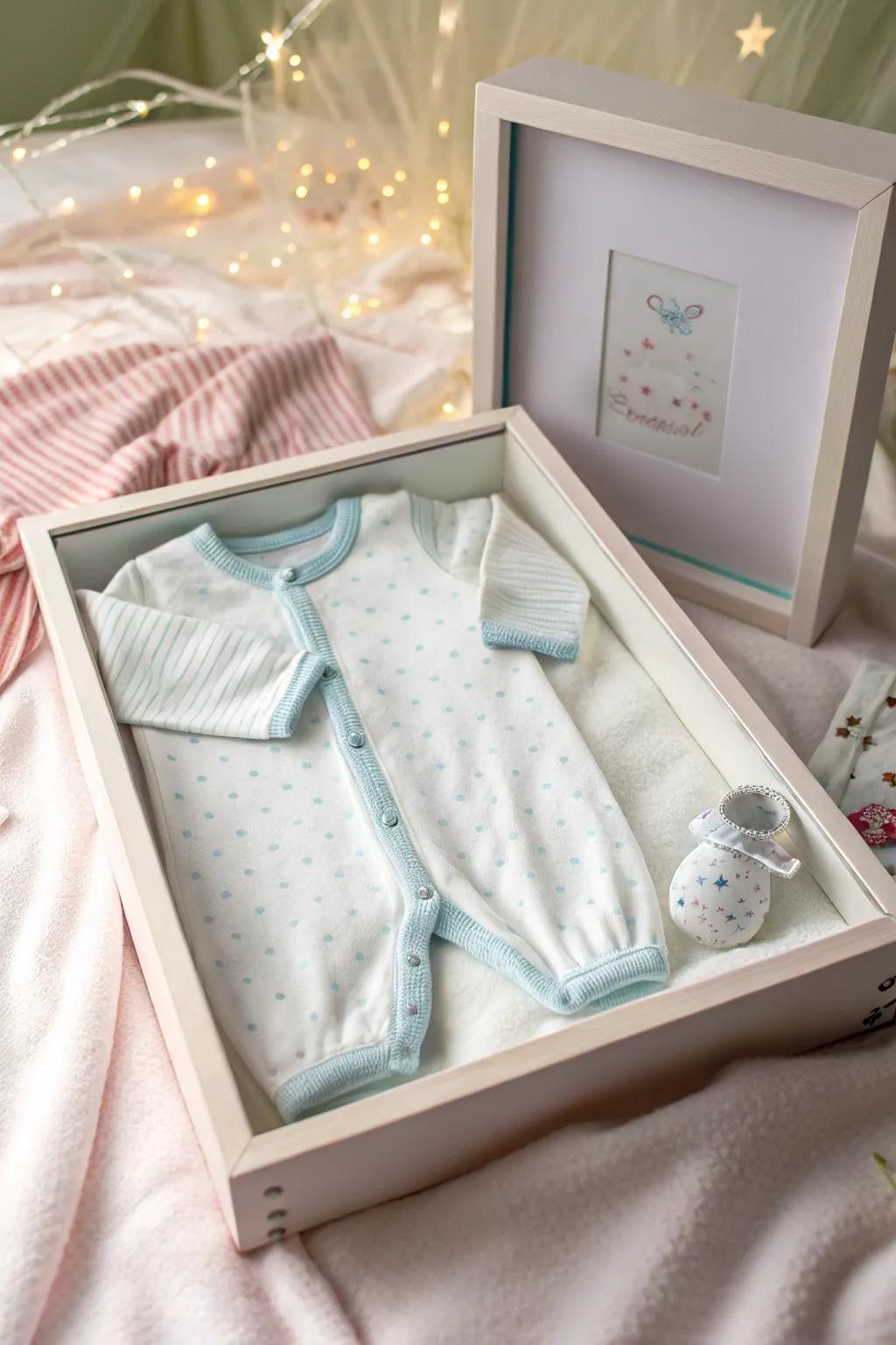 A lovingly showcased infant suit, the starting garment for a fresh adventure.
