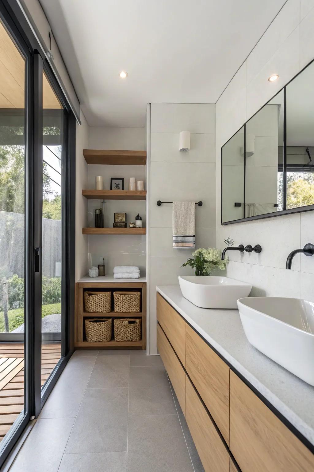 A modern bathroom showcasing a spacious, open layout with sophisticated storage.