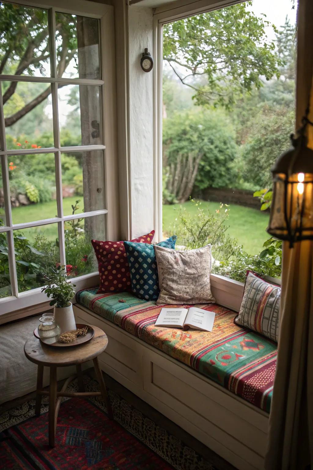 Convert a window seat into a delightful nook with vibrant pillows and picturesque garden views.