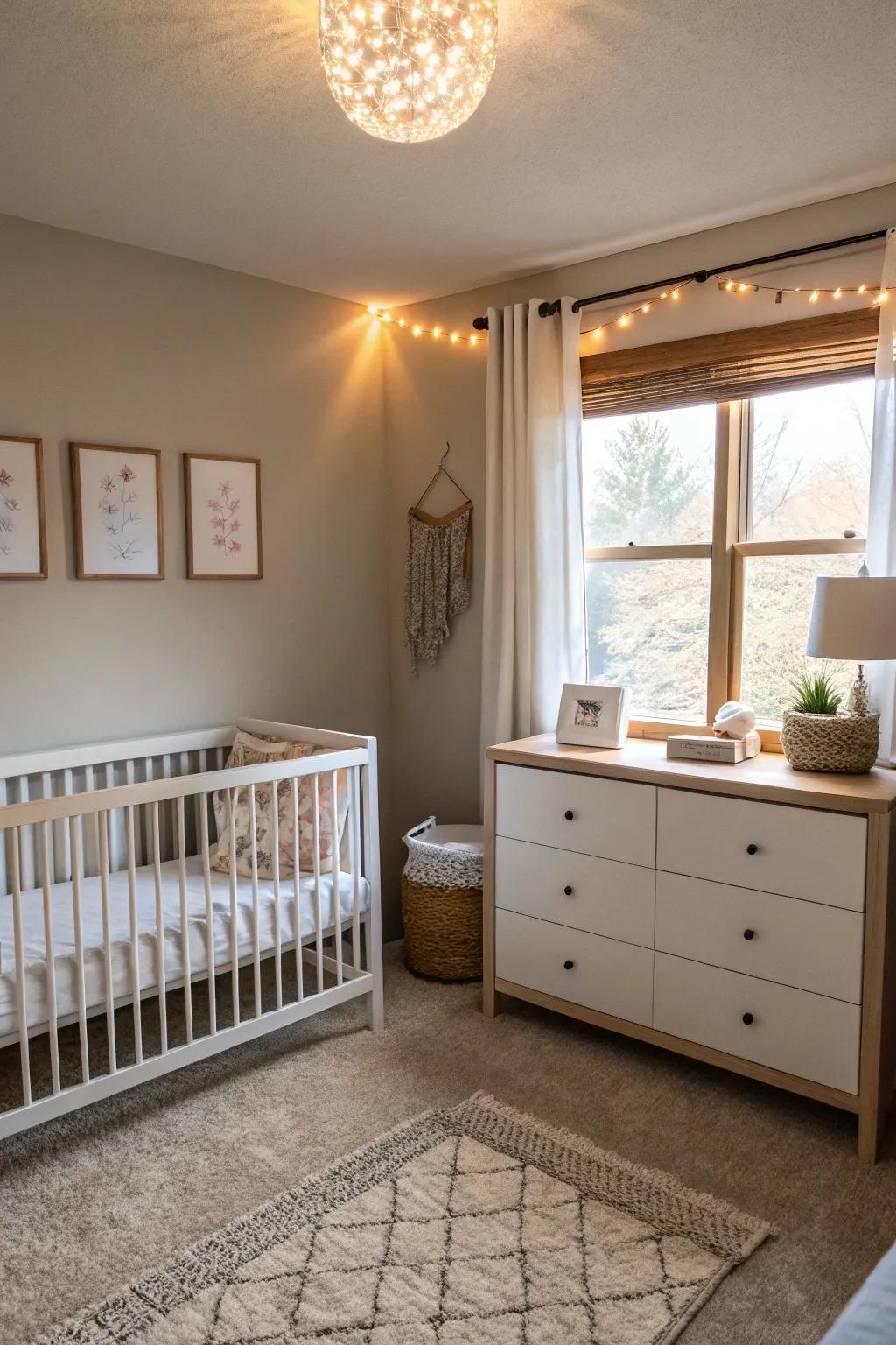 Streamlined furniture establishes a calm and spacious ambiance in the nursery.