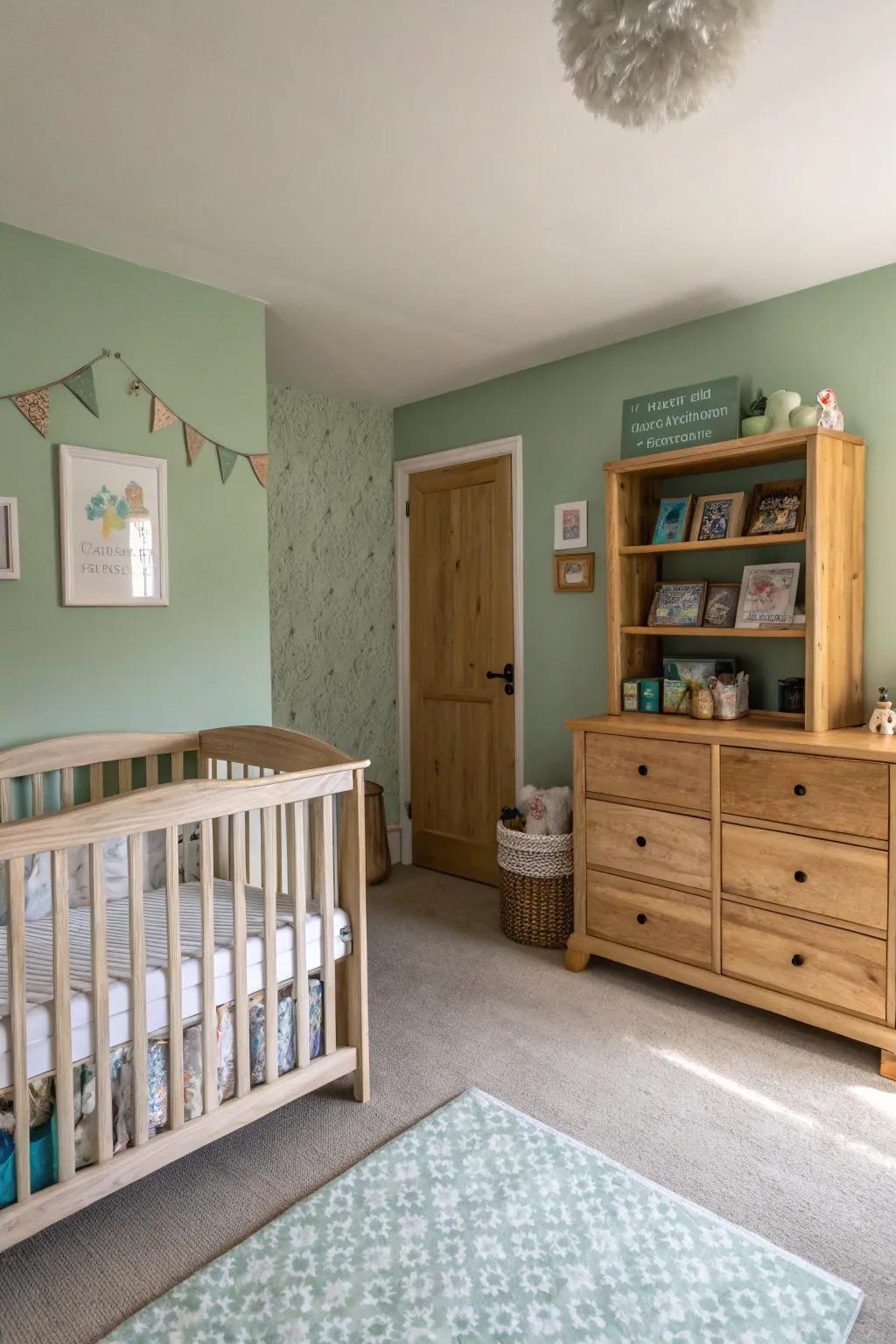 A nursery adorned in soft sage green, fostering a serene ambiance.