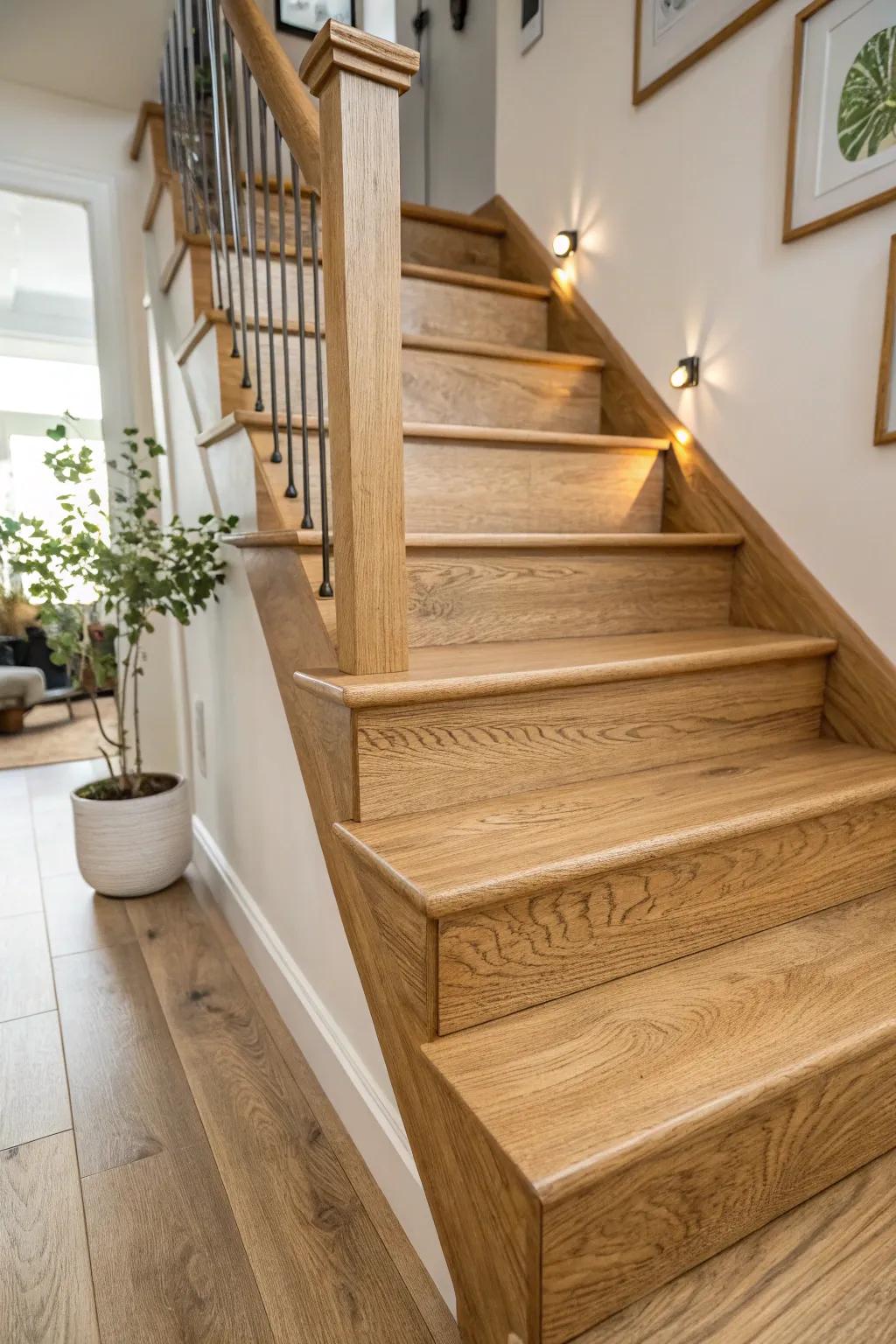 Natural oak staircase showcasing its rich grain and color.