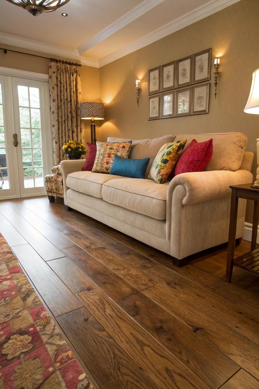 A comfortable and inviting living room featuring soft furnishings and light oak flooring.