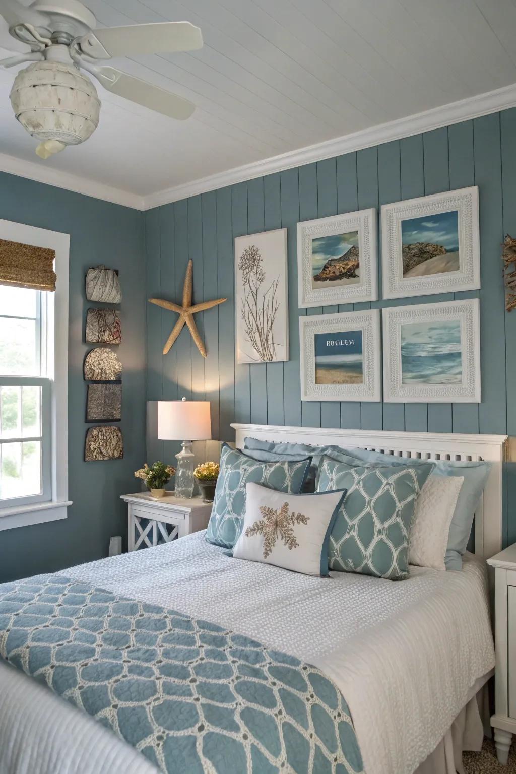 A serene blue-gray wall tone provides an ideal backdrop for a calm, ocean-themed bedroom.