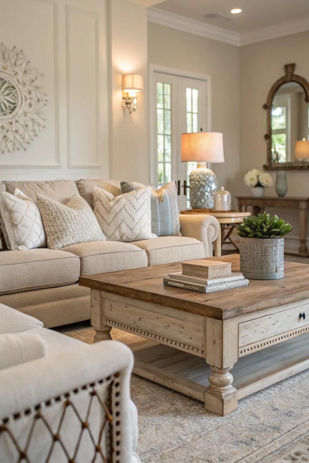 A soothing neutral palette elevates the elegance of this off-white living room.