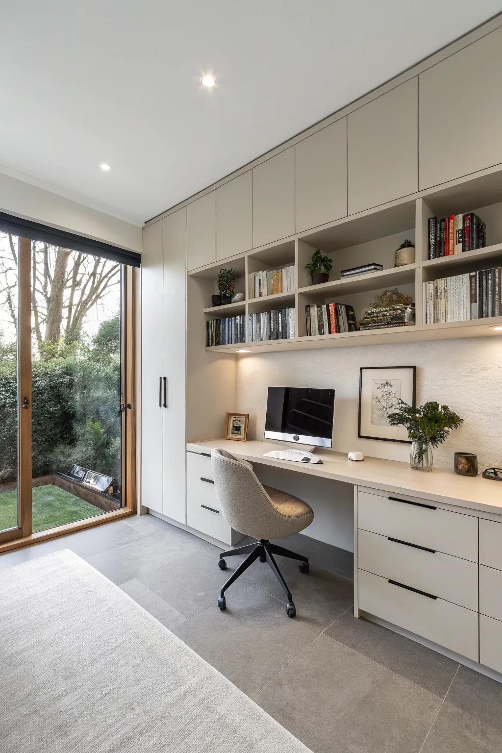 Combined work surfaces and storage create an uncluttered and effective workspace.