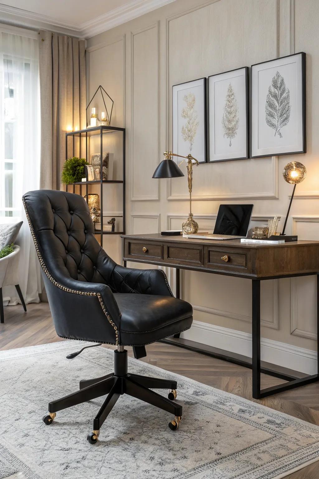 A dark leather chair adds a touch of sophistication to any home office.