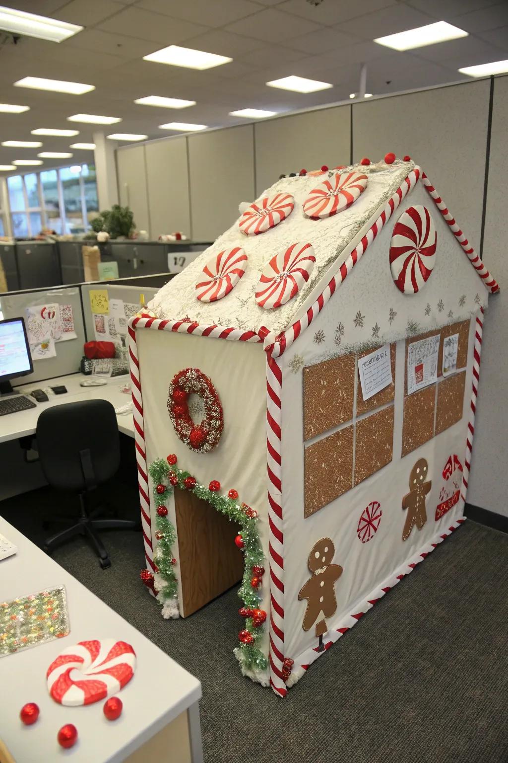 Cubicles fashioned into gingerbread houses create a delightful impression.