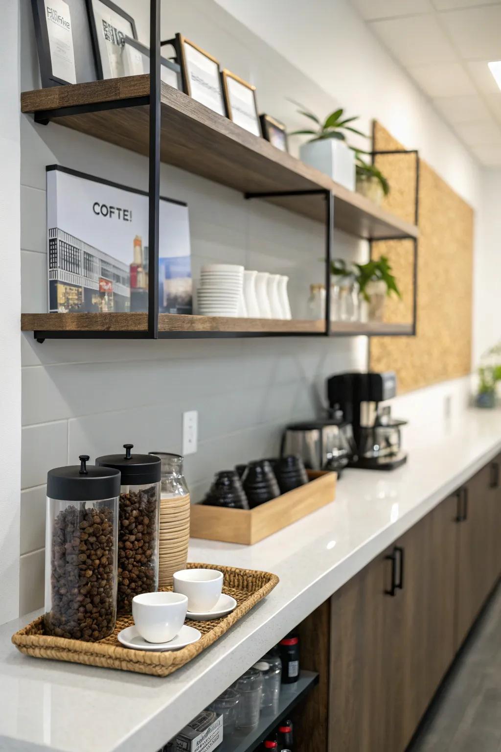 A minimalist coffee nook blends effortlessly into any office setting.