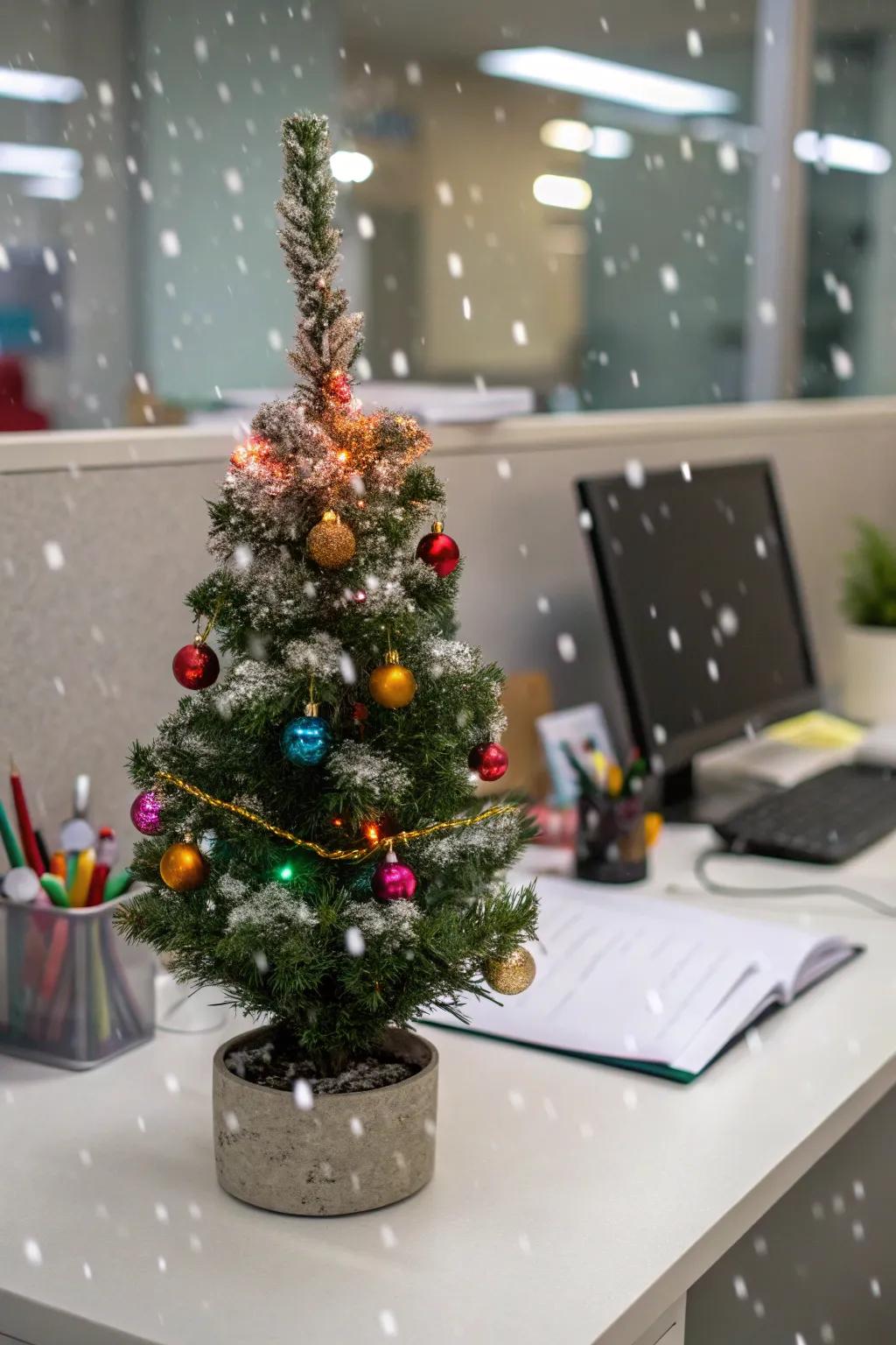 A pocket-sized tree sprinkles a bit of holiday enchantment onto your workspace.