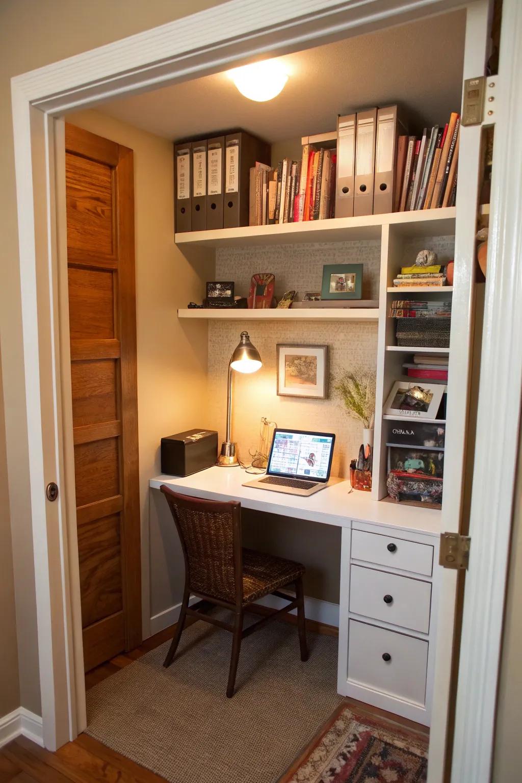 A small closet can be transformed into an ideal hidden workspace with the right elements.
