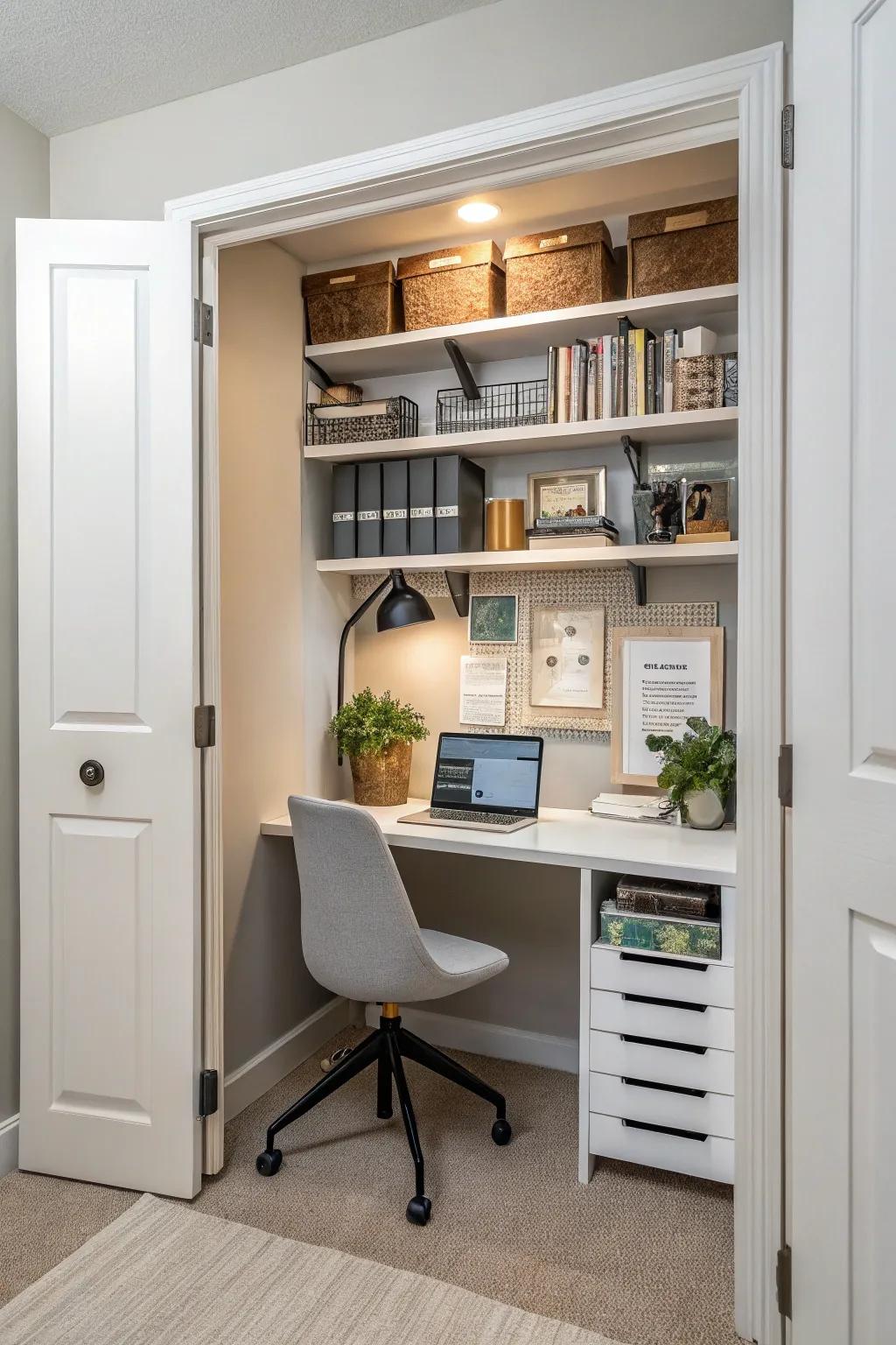 Convert a seldom-used closet into a practical office space that's easily hidden.