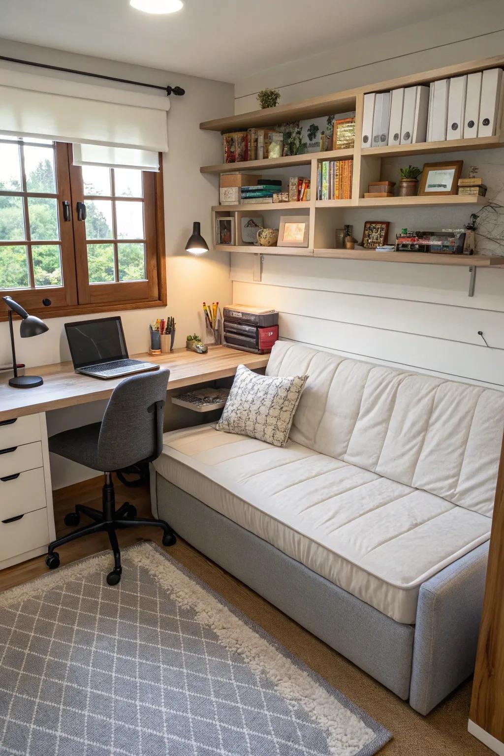 A versatile home office featuring a convertible couch.