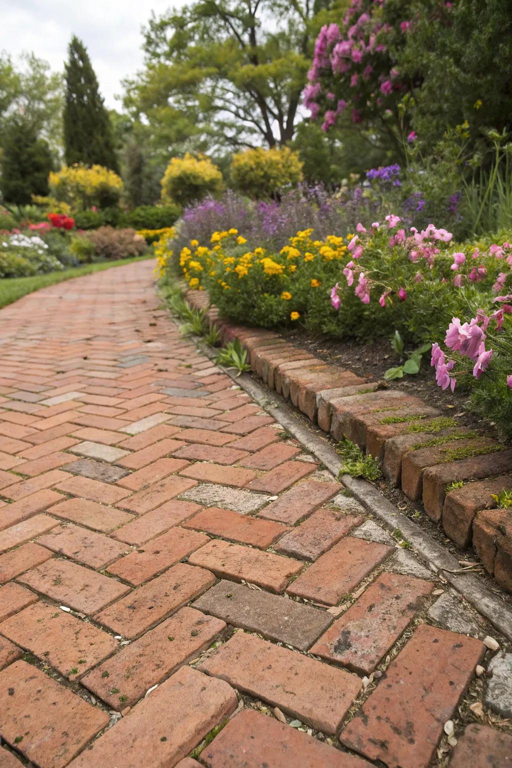 A herringbone arrangement introduces timeless sophistication to this brick patio