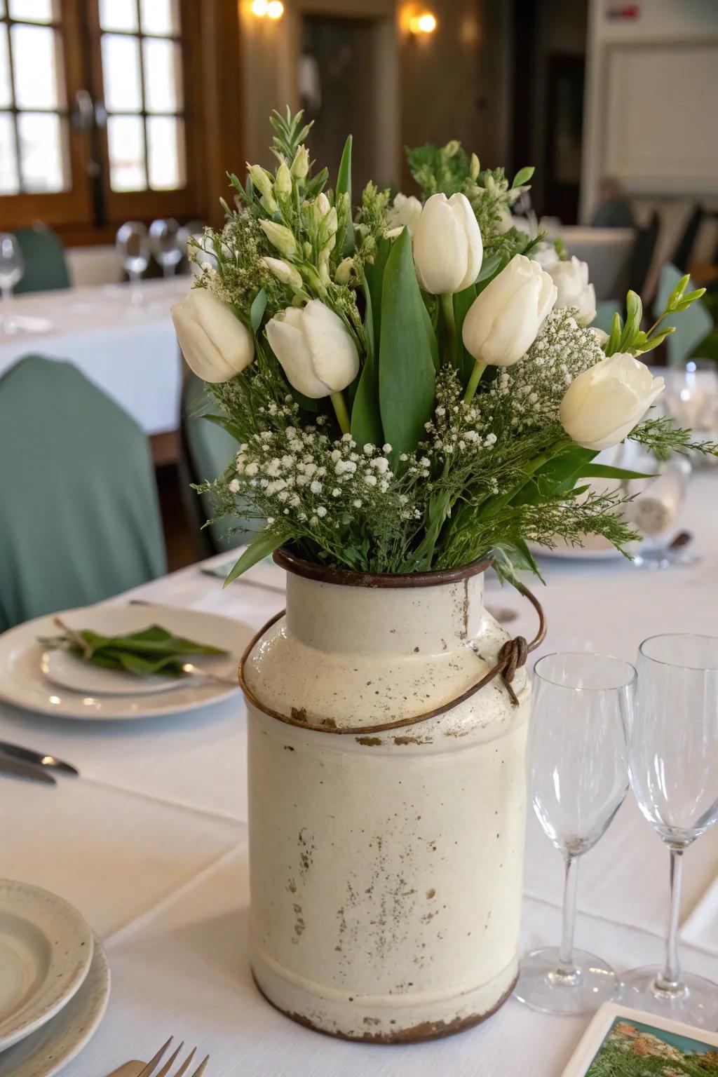 A vintage jug is the ideal container for a floral display.