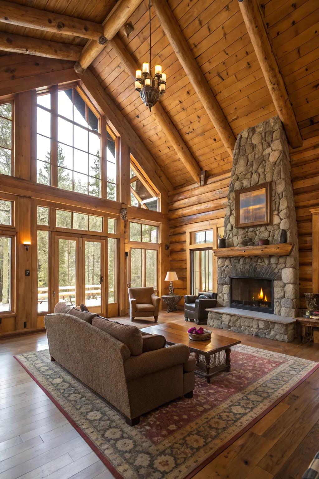 A cozy lodge interior featuring beautiful wood panels and exposed wooden beams.
